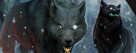 Two supernatural wolves who stare menacingly at the viewer.