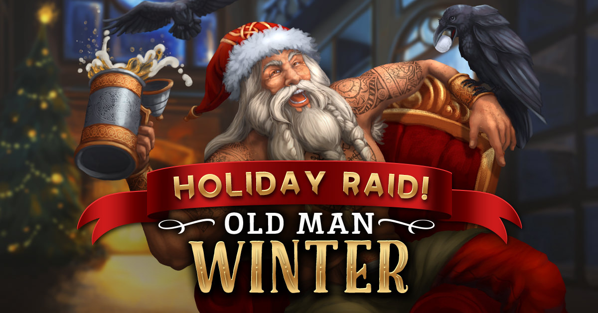 Holiday Raid event banner showcasing the brand new Holiday Raid boss in the game Viking Clan, Old Man Winter (you can see old man winter jovially sitting back, in a relaxed manner, but he is also ready to fight.