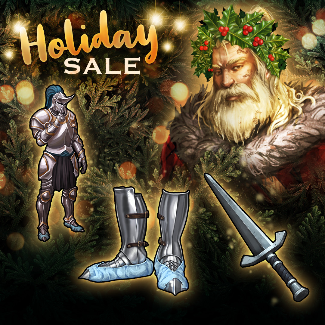 An ancient viking representing the Winter Solstice standing behind three of the upcoming new items available in the Viking Clan Holiday Sale this week (including the knight in armour, the armoured boots and the ancient jouster's sword.