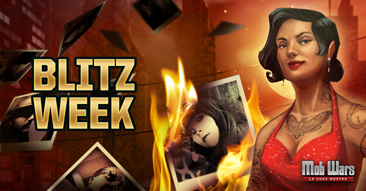 Mob Wars LCN Bounty Blitz promo image featuring a tattooed female mobster in a red dress, standing in front of a flaming background.